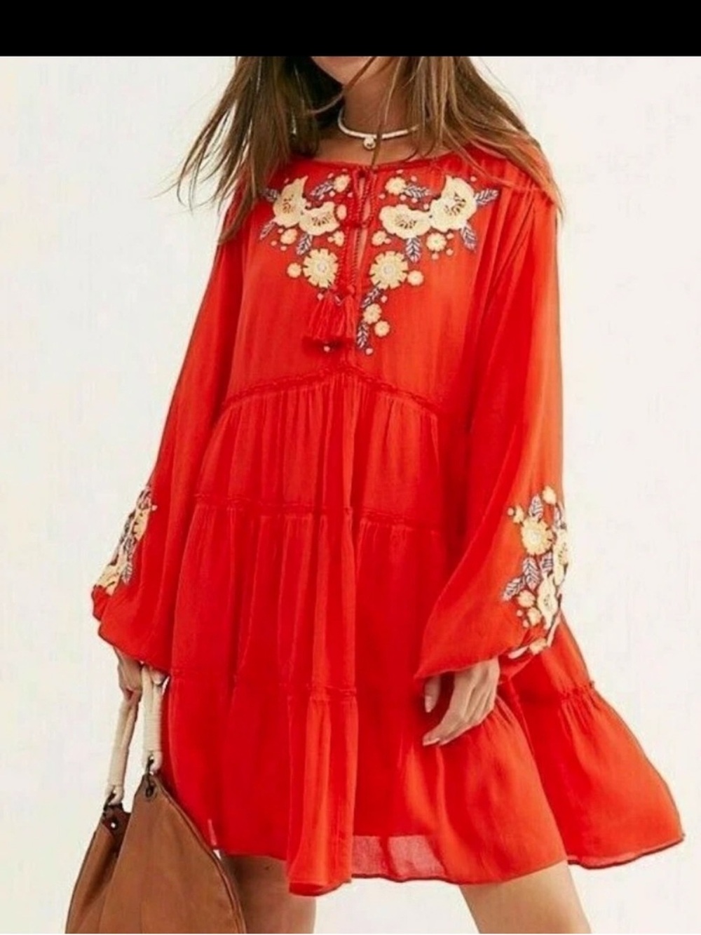 Free People Embroidered Red Boho Tiered Mini Dress XS
